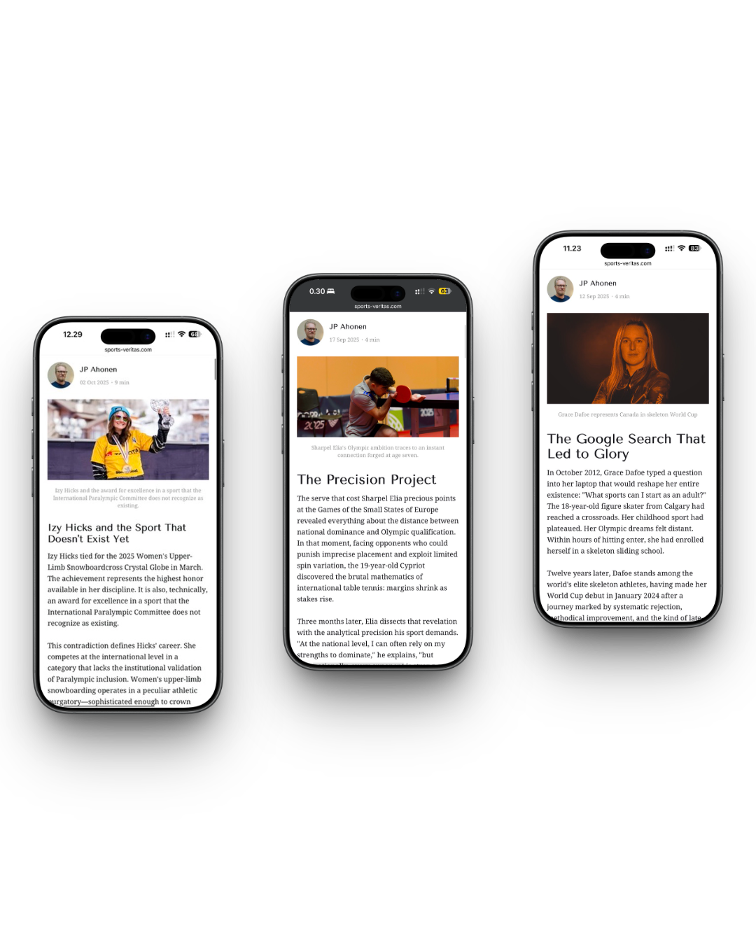 Examples of Sports Veritas stories displayed on an iPhone screen